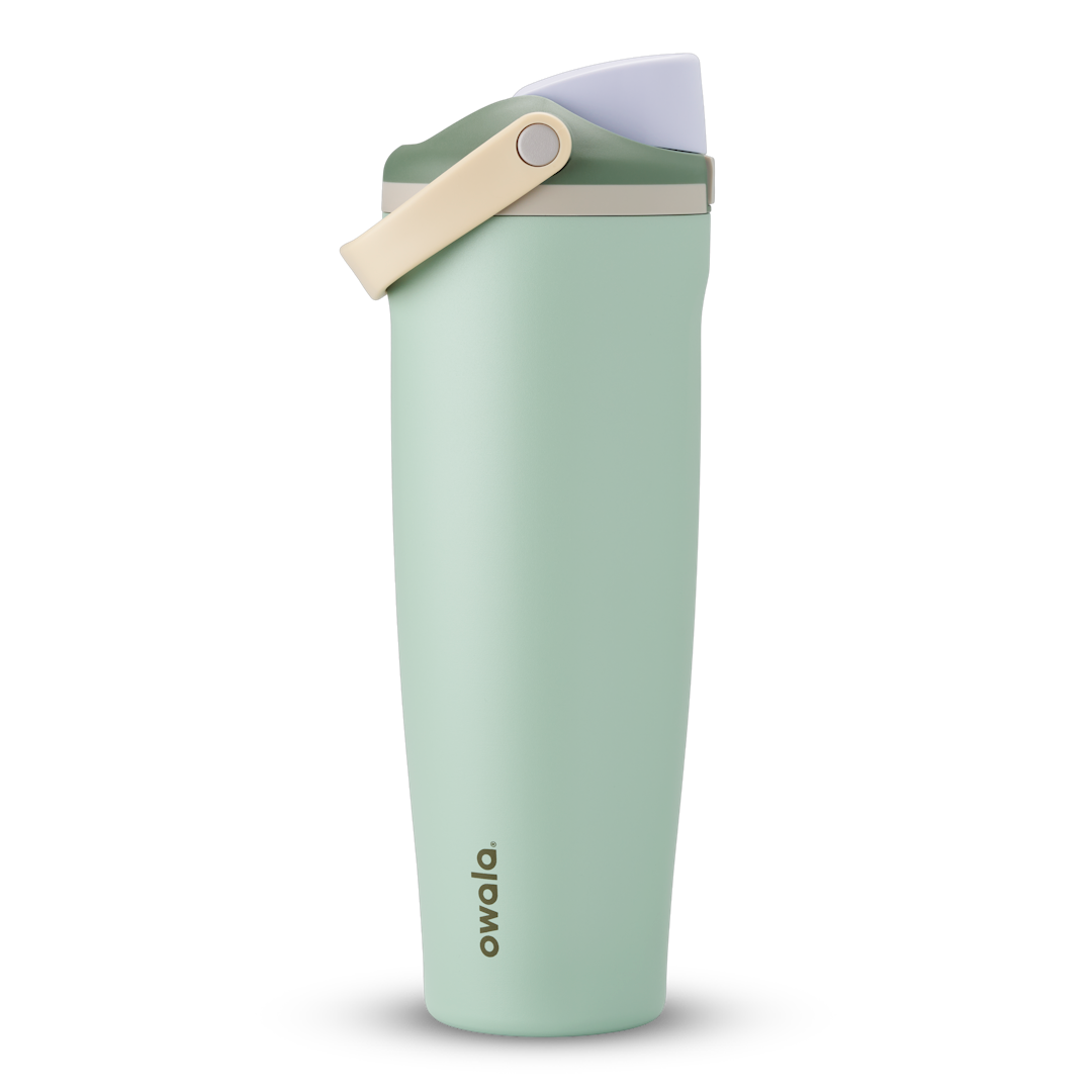 FreeSip Sway 40oz in Eucalyptus, sage green insulated water bottle with sage green flip cap, cream tan carry loop and lavender lid interior, lid open