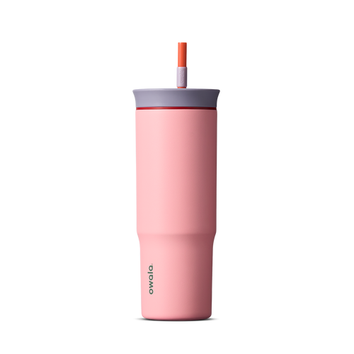 24oz Tumbler in Sugar High; matte coral-pink insulated tumbler with lavender-gray lid and orange-red straw, Owala wordmark on front